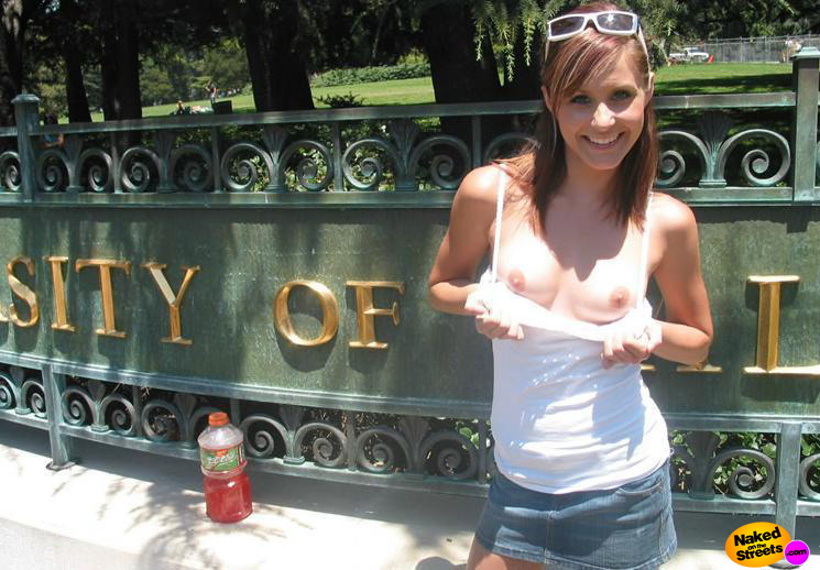 Cute college girl shows her boobies at the University entrance