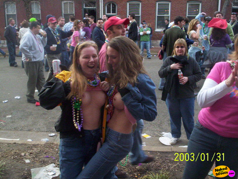 Two girls, one hot, one not, flash their tits at Mardi Gras