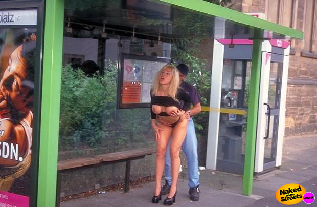 Crazy blonde chick getting fucked hard from the back at a bus stop