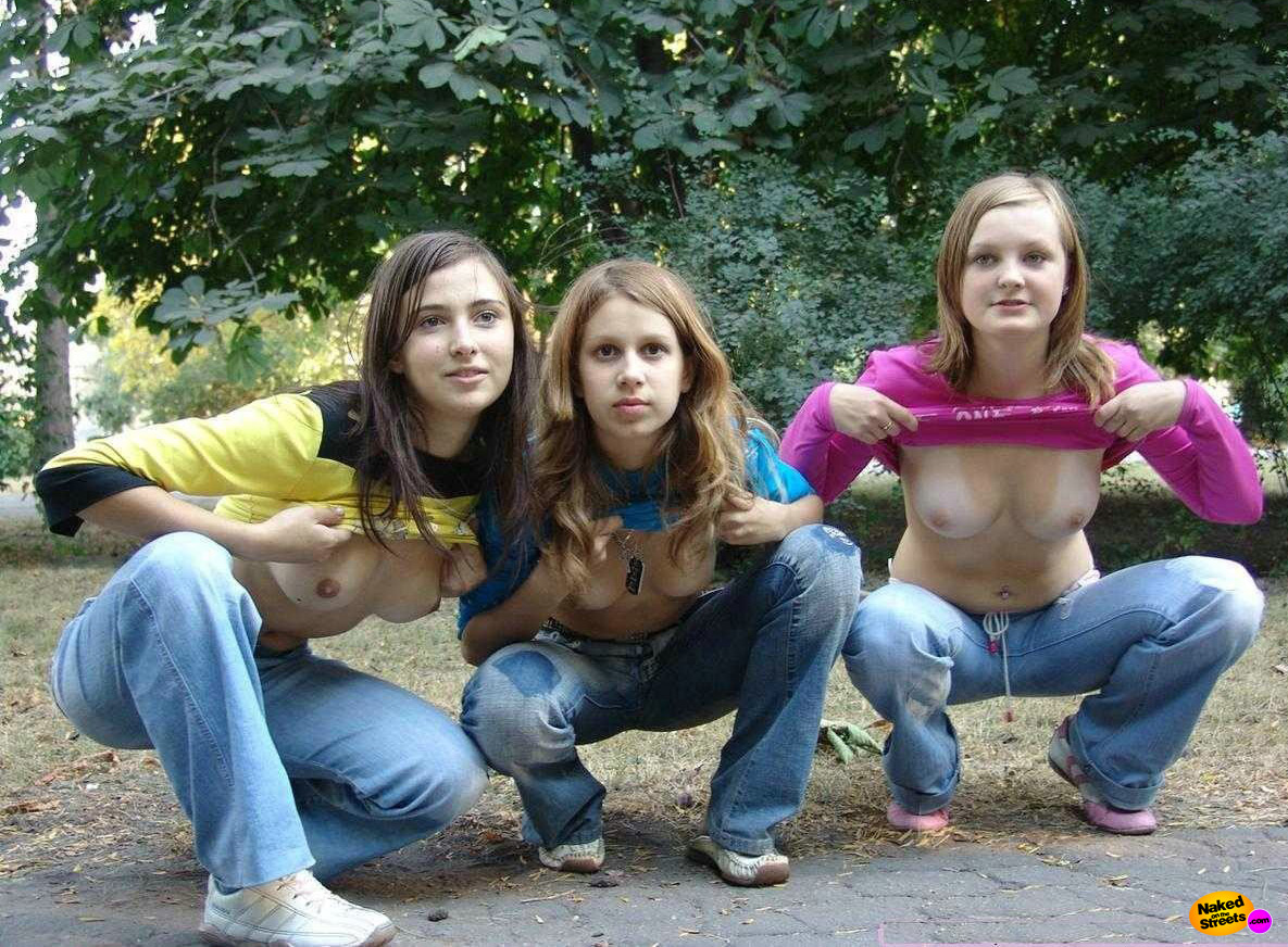 Three highschool chicks show off their titties in the park