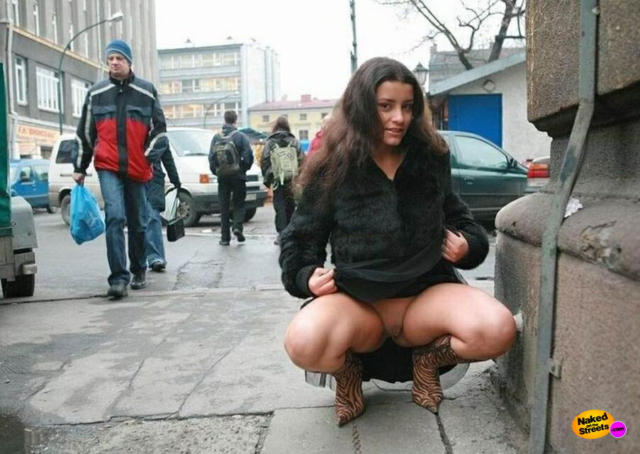 Exotic brunette shows off her snatch on the sidewalk