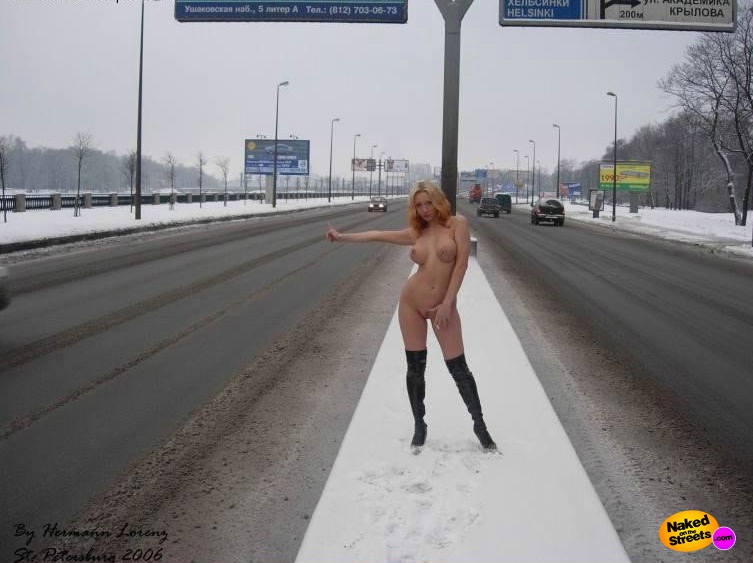 Poor big titted girl without clothes tries to hitch a ride in the snow