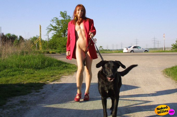 Sexy girl walks her dog and flashes her pussy 