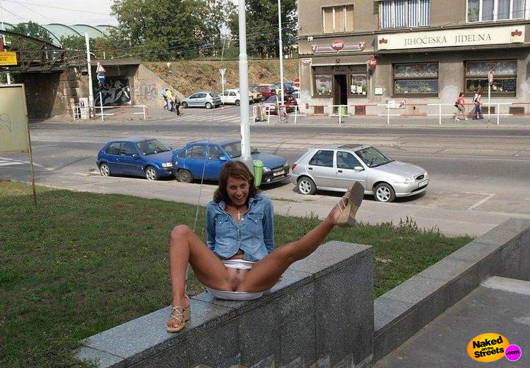 Kinky brunette spreads her legs and shows her pussy right on the street