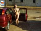 Big titted chubby chick stepping out of her car fully nude