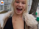 Silly blonde ho with a pierced tongue flashes her left titty
