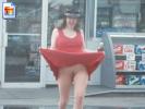 Crazy amateur flashes her pussy under her red dress outside a gas station