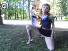 Hot skinny teen bitch flashing her pussy in a public park