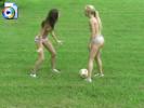 2 Crazy teen sluts playing topless soccer in the park