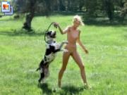 Perfectly hot blonde loves walking her dog naked