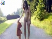 Petite girl walking around naked with her teddy bear