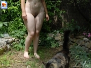 Chubby nerd posing naked with her pussy