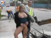 Cheeky blonde has fun showing off her juicy pussy downtown
