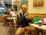 Blonde eating mcdonalds while flashing pussy