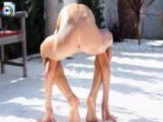 Fragile anorexic girl doing naked exercise