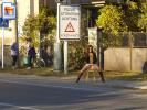 Hot Polish chick flashing her pussy on a bar stool in the middle of the street