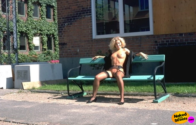 Sexy big titted girl posing nude on a bench