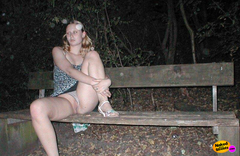 Shy blonde slut shows her snatch in the park at night