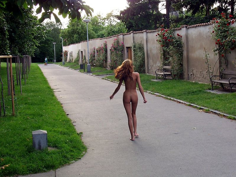 Thin girl with big fake tits shows her pussy in the park