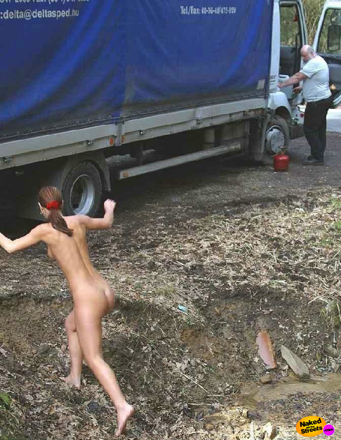 Kinky girl distracts a trucker by going streaking