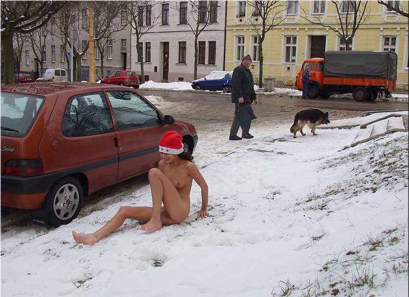 Thin chick walks around naked on the streets 4 