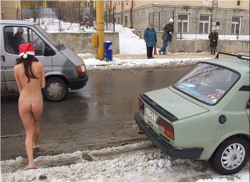 Thin chick walks around naked on the streets 4 