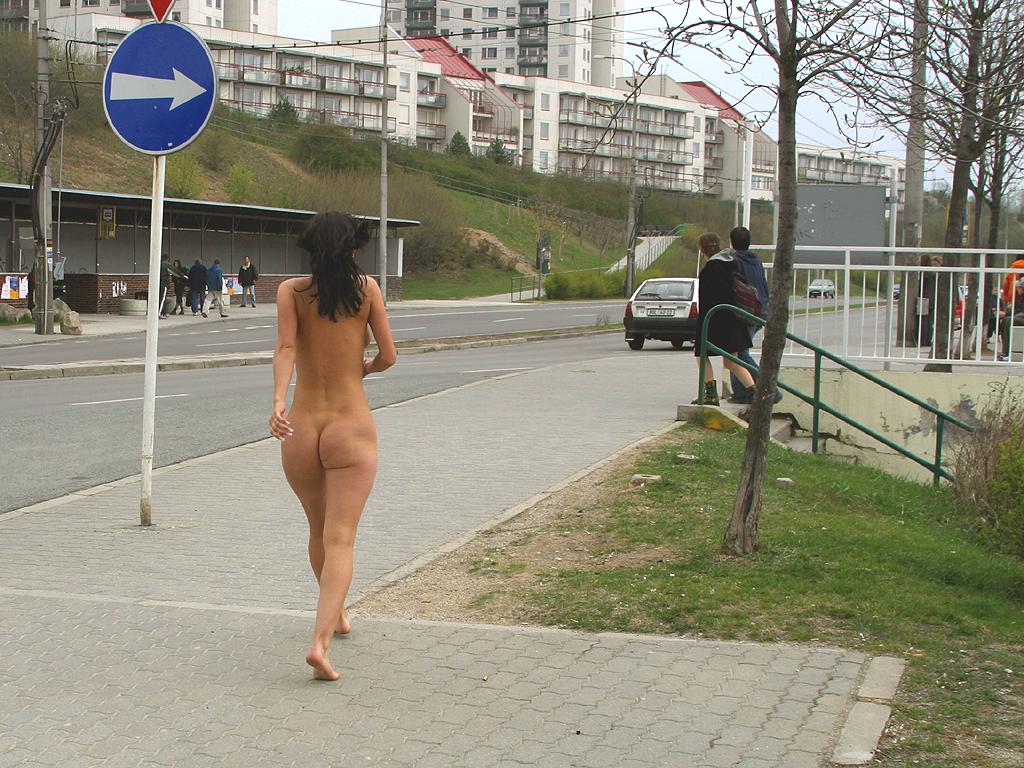 Big boobed brunette hottie walks around naked on the streets 