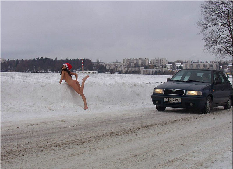 Thin chick walks around naked on the streets 4 