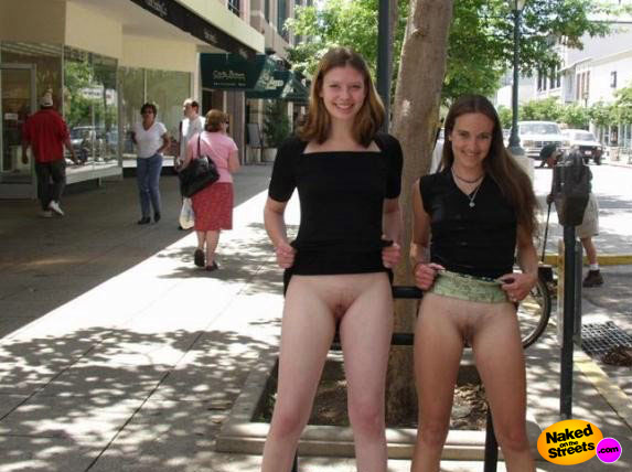 2 Teen cuties show their pussies on the sidewalk