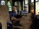 Kinky slut sucks cock in a full public bus