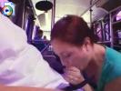 Brunette teen sucks off her BF in the bus