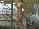 Big boobed brunette hottie walks around naked on the streets  (Galleries)