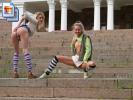 Two hot girls flash their asses on the steps (Galleries)